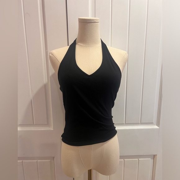 American Eagle Black Ribbed Halter Cropped Size Small NWT Stretchy - Picture 3 of 5